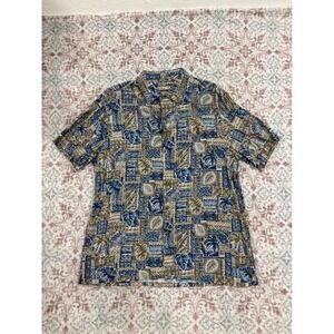 Batik Bay Mens Large Blue Tan Tropical Palm Rayon Short Sleeve Button Down Shirt